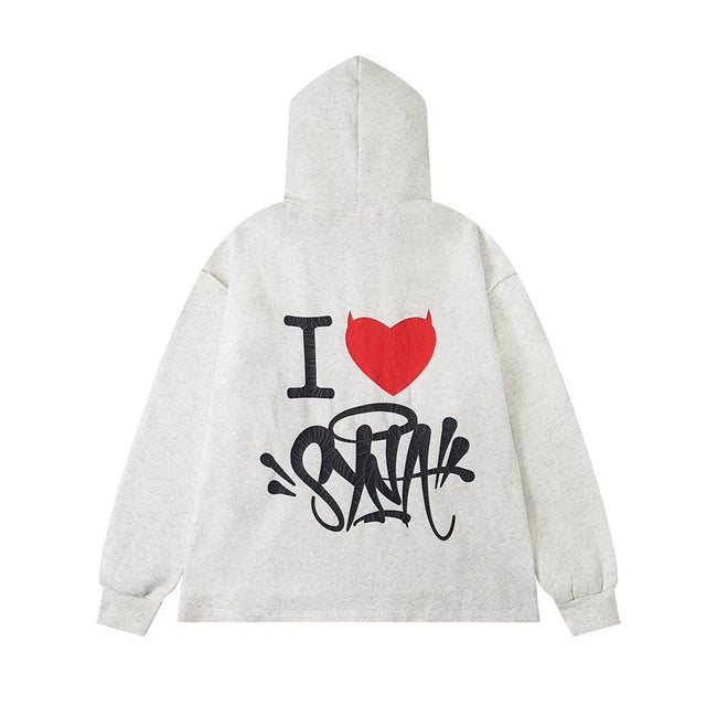Syna World "I Heart Syna" Devil Graphic Oversized Fleece Hoodie (Oatmeal / Red / Black) Hover Image