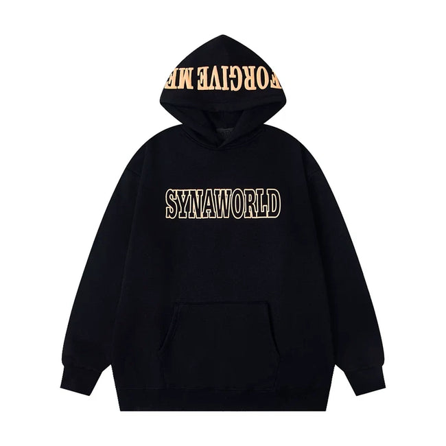 Syna World Hood Print Logo Oversized Fleece Hoodie (Black / Yellow) Hover Image