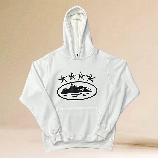 Corteiz White & Black 5-Star Alcatraz Island Logo Hoodie Hover Image