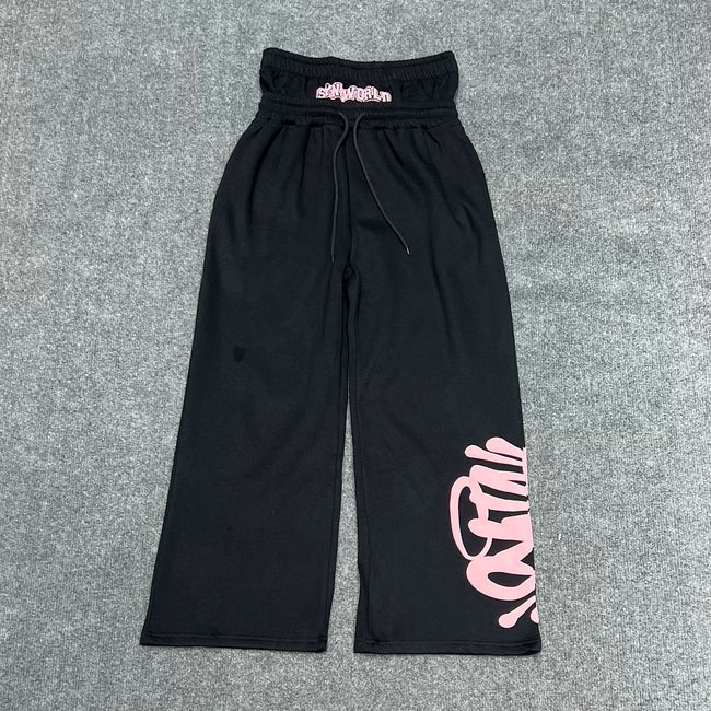 Syna World Double Waistband Layered Graphic Fleece Sweatpants (Black / Pink) Hover Image