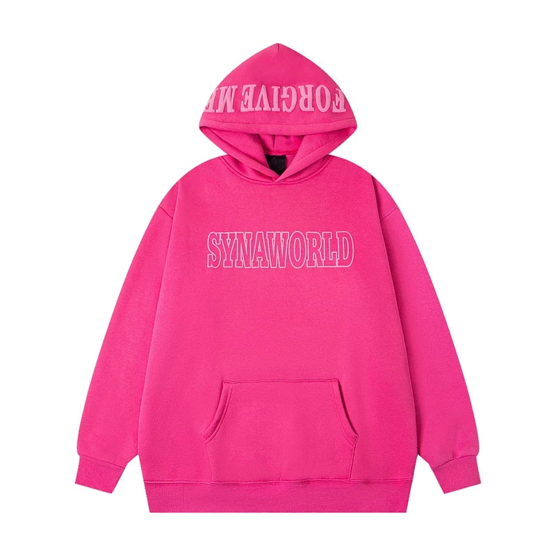 Syna World Hood Print Logo Oversized Fleece Hoodie (Hot Pink / White)